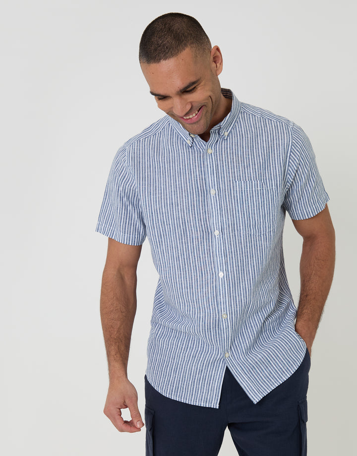 Threadbare Linen Cotton Blend Short Sleeve Shirt in Blue Stripe - front view