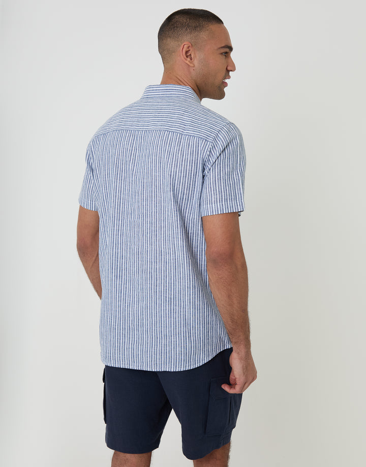 Threadbare Linen Cotton Blend Short Sleeve Shirt in Blue Stripe - back view