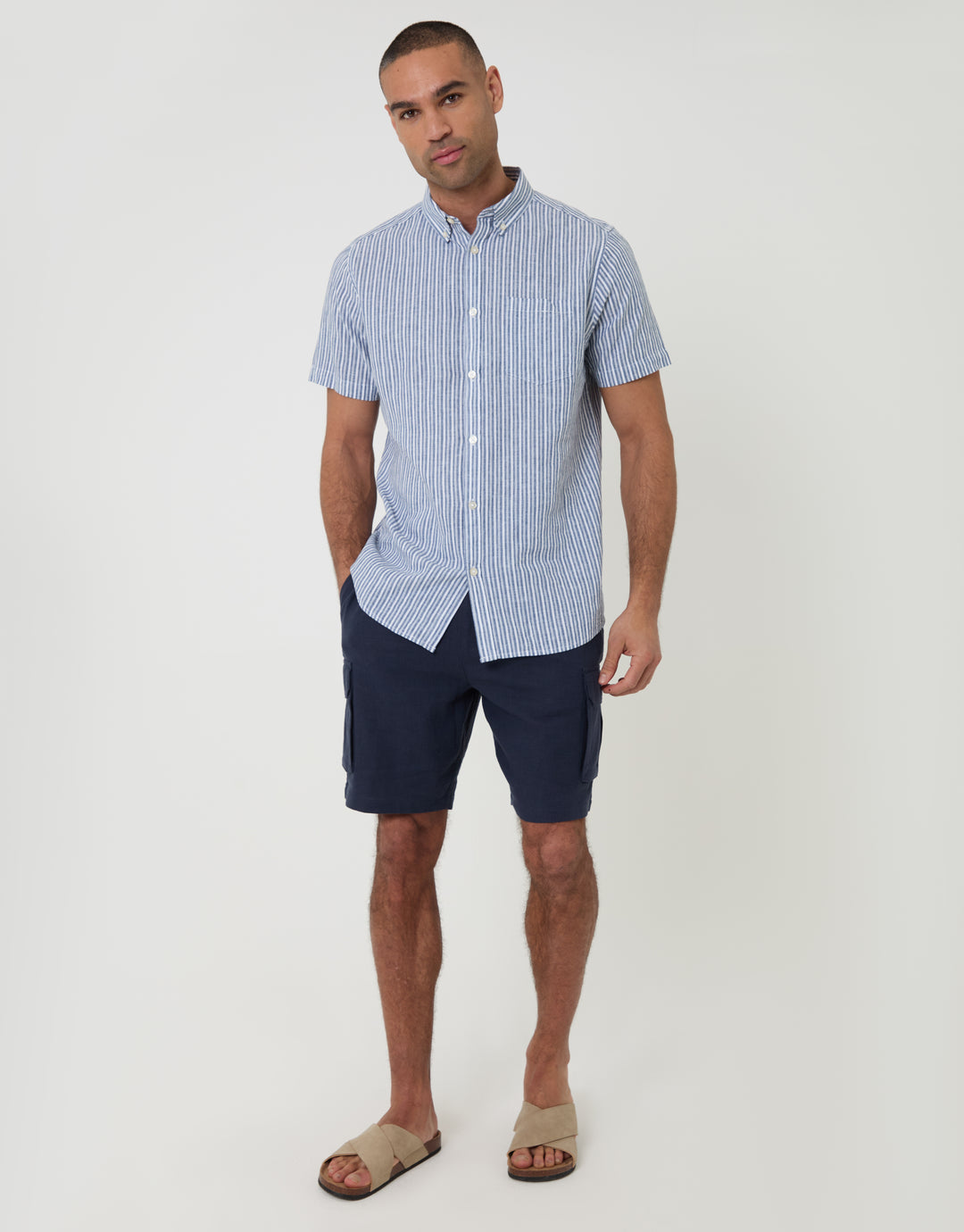 Threadbare Linen Cotton Blend Short Sleeve Shirt in Blue Stripe - full body