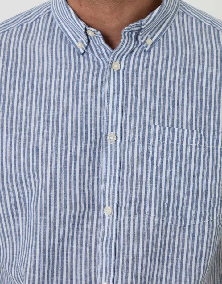 Threadbare Linen Cotton Blend Short Sleeve Shirt in Blue Stripe - buttons close up