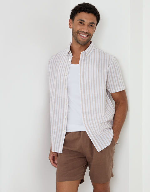Threadbare Linen Cotton Blend Short Sleeve Shirt in Stone Stripe - front view, worn open
