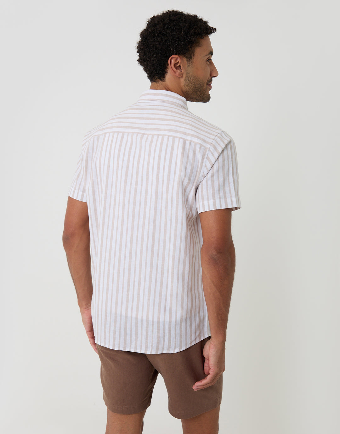 Threadbare Linen Cotton Blend Short Sleeve Shirt in Stone Stripe - back view