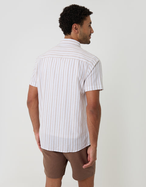 Threadbare Linen Cotton Blend Short Sleeve Shirt in Stone Stripe - back view