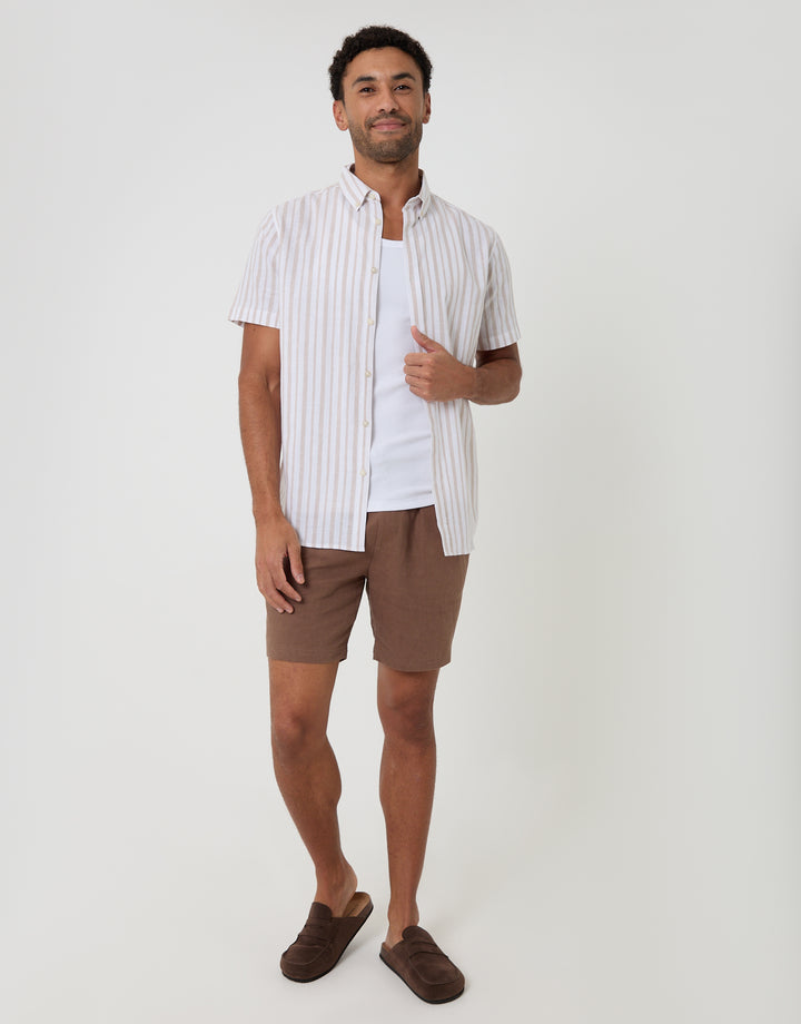 Threadbare Linen Cotton Blend Short Sleeve Shirt in Stone Stripe - full body