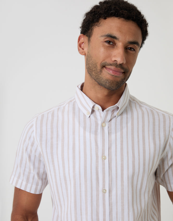 Threadbare Linen Cotton Blend Short Sleeve Shirt in Stone Stripe - collar close up