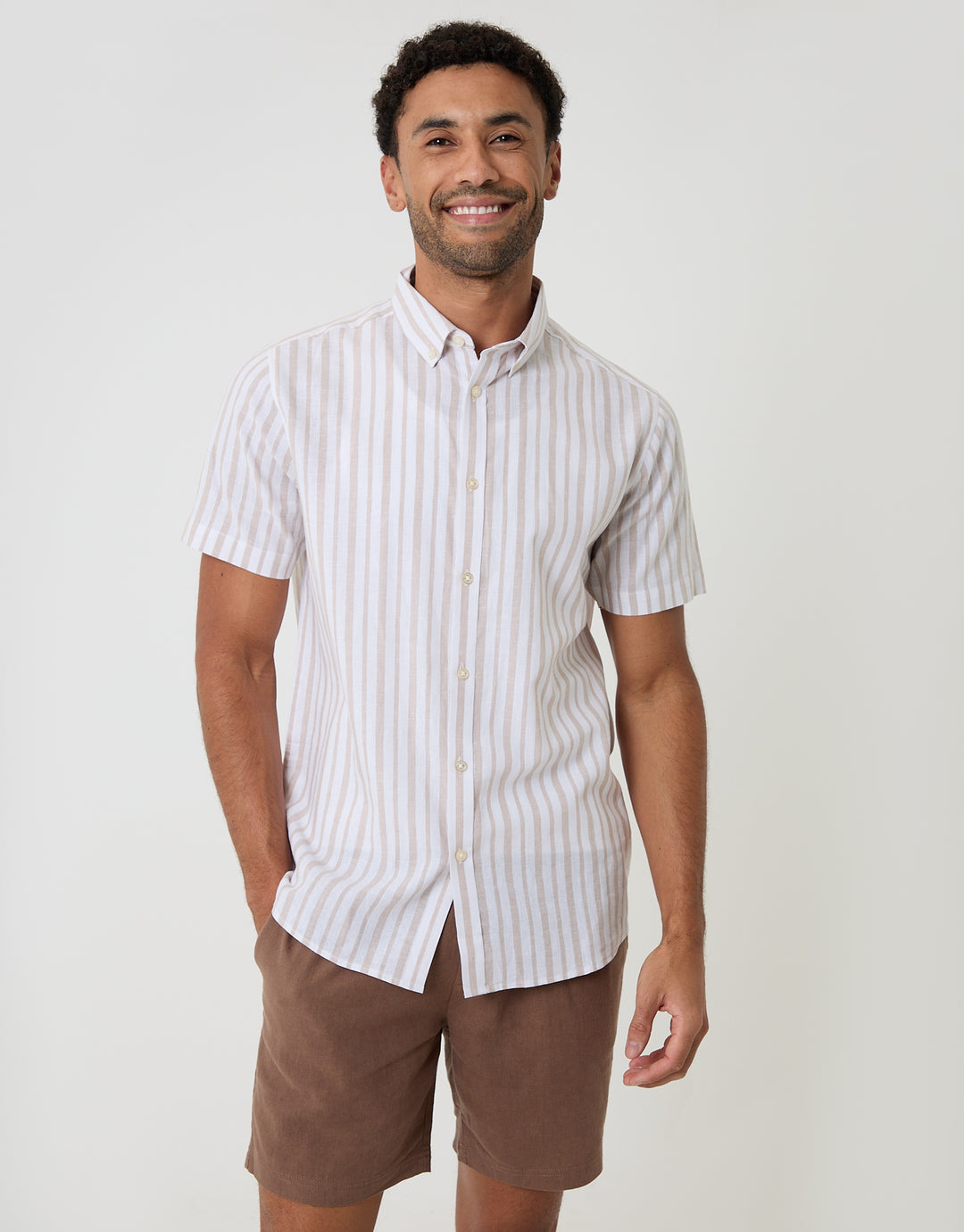 Threadbare Linen Cotton Blend Short Sleeve Shirt in Stone Stripe - front view