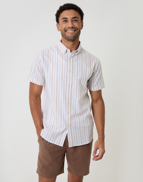 Threadbare Linen Cotton Blend Short Sleeve Shirt in Stone Stripe - front view