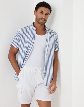 Threadbare Linen Cotton Blend Short Sleeve Shirt in Blue Stripe - front view, worn open