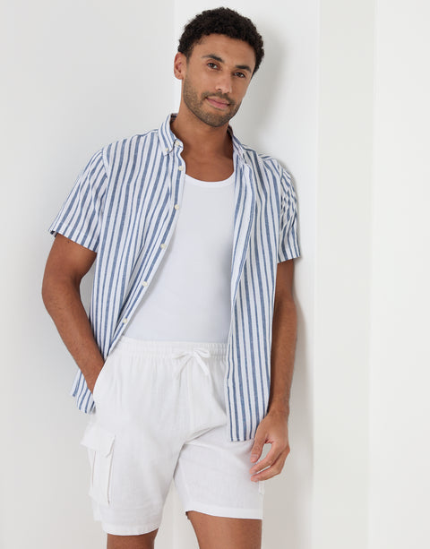 Threadbare Linen Cotton Blend Short Sleeve Shirt in Blue Stripe - front view, worn open