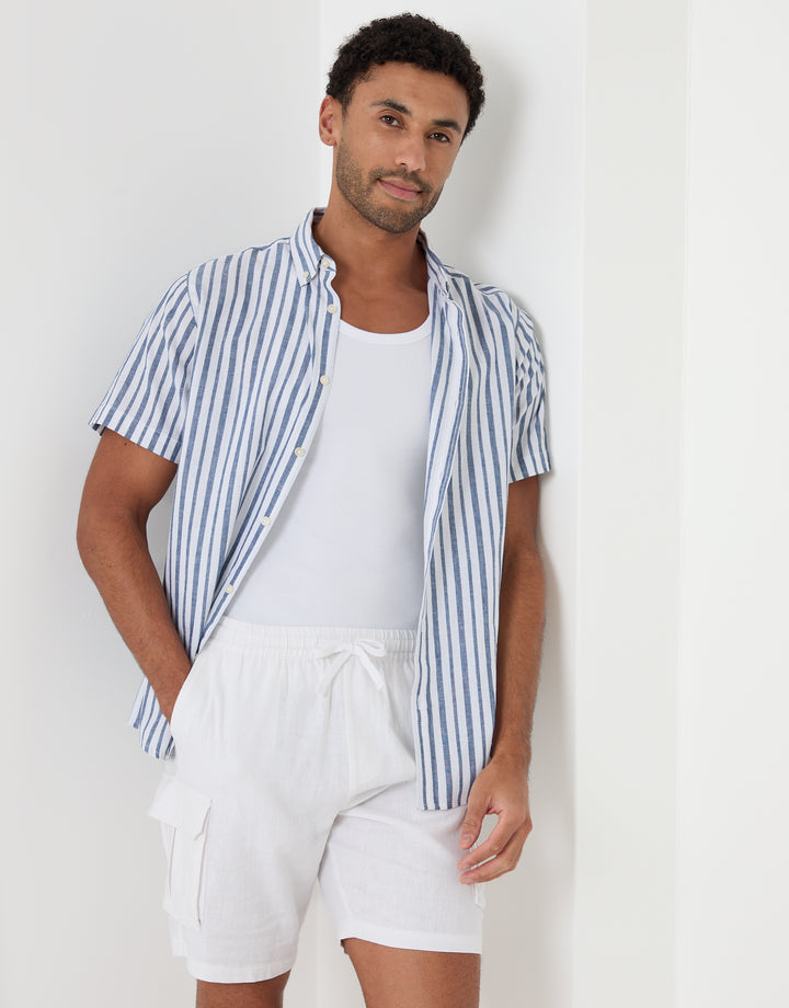 Threadbare Linen Cotton Blend Short Sleeve Shirt in Blue Stripe - front view, worn open