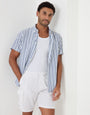 Threadbare Linen Cotton Blend Short Sleeve Shirt in Blue Stripe - front view, worn open