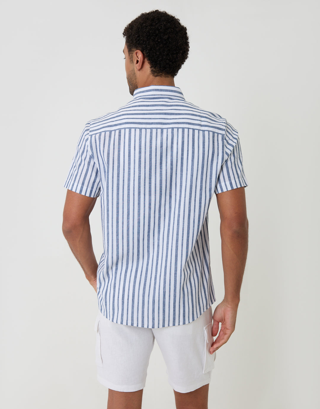 Threadbare Linen Cotton Blend Short Sleeve Shirt in Blue Stripe - back view