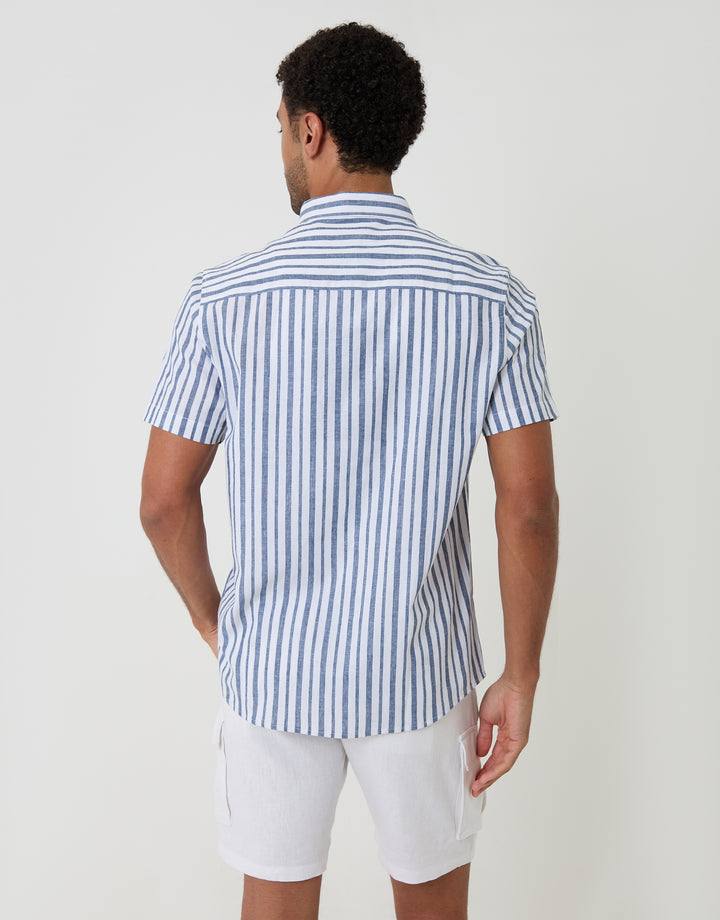 Threadbare Linen Cotton Blend Short Sleeve Shirt in Blue Stripe - back view
