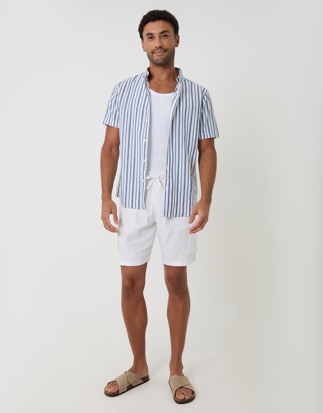 Threadbare Linen Cotton Blend Short Sleeve Shirt in Blue Stripe - full body
