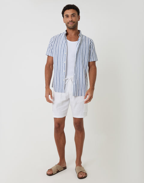 Threadbare Linen Cotton Blend Short Sleeve Shirt in Blue Stripe - full body