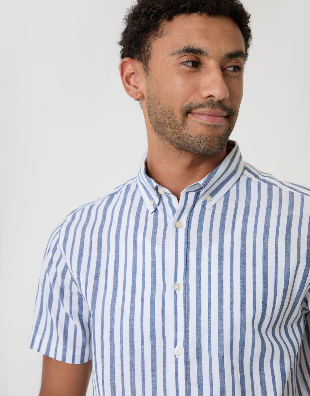 Threadbare Linen Cotton Blend Short Sleeve Shirt in Blue Stripe - collar close up