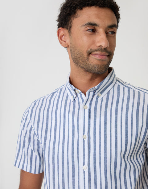 Threadbare Linen Cotton Blend Short Sleeve Shirt in Blue Stripe - collar close up
