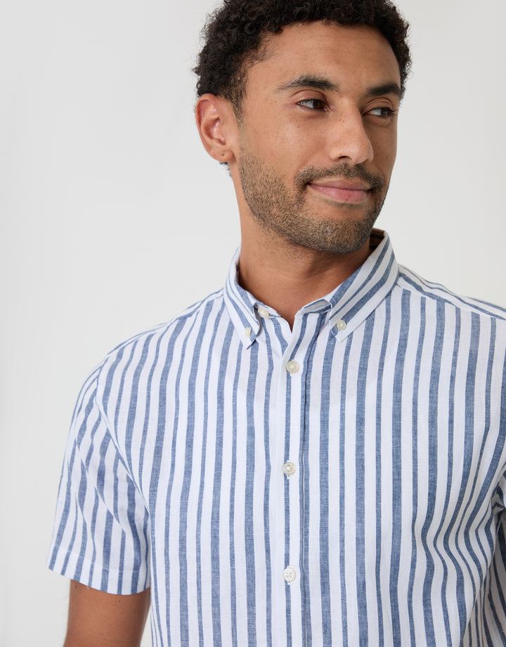 Threadbare Linen Cotton Blend Short Sleeve Shirt in Blue Stripe - collar close up
