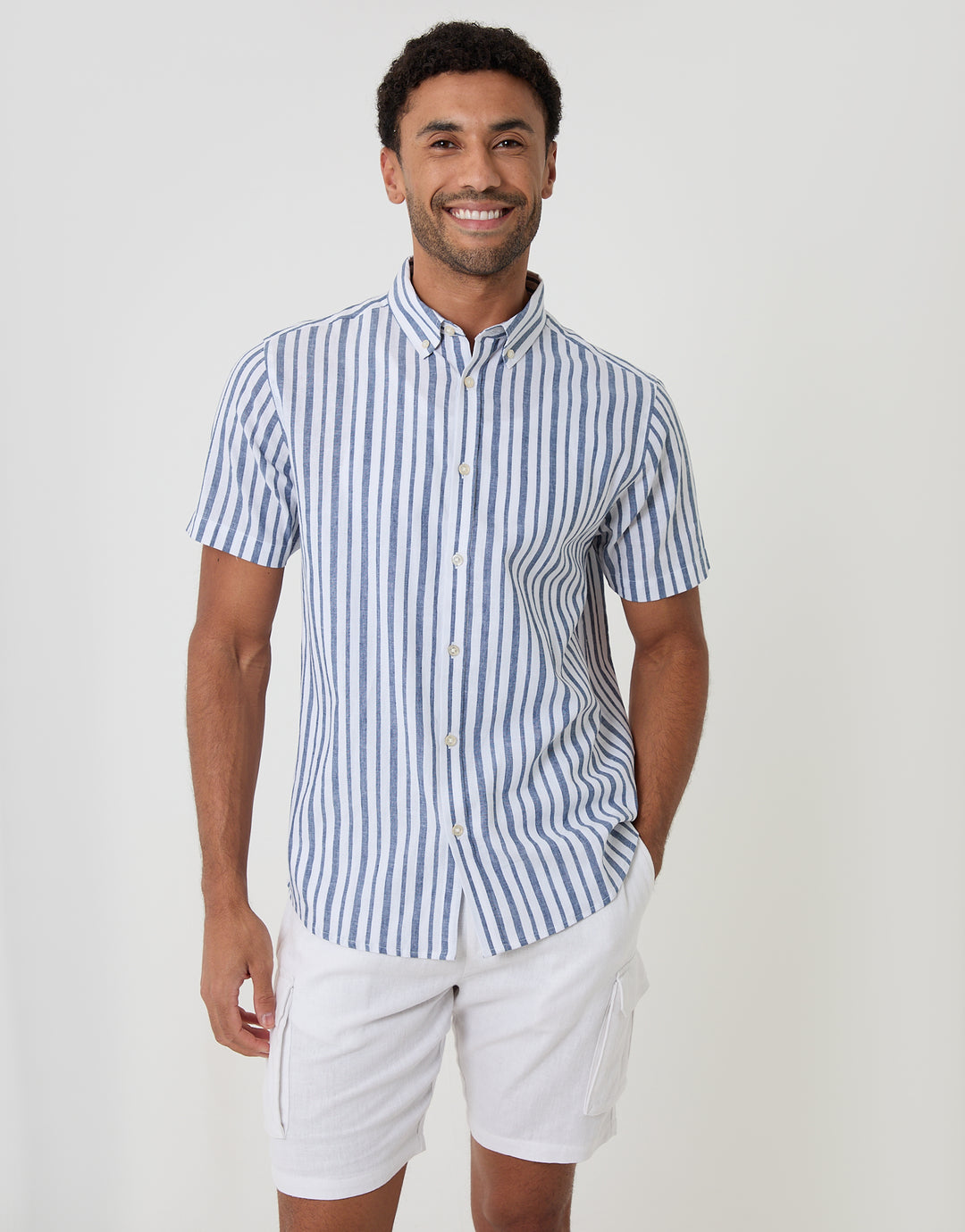 Threadbare Linen Cotton Blend Short Sleeve Shirt in Blue Stripe - front view