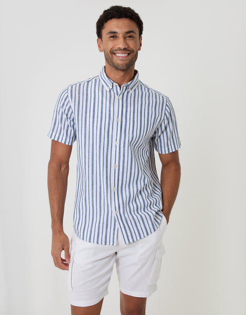 Threadbare Linen Cotton Blend Short Sleeve Shirt in Blue Stripe - front view