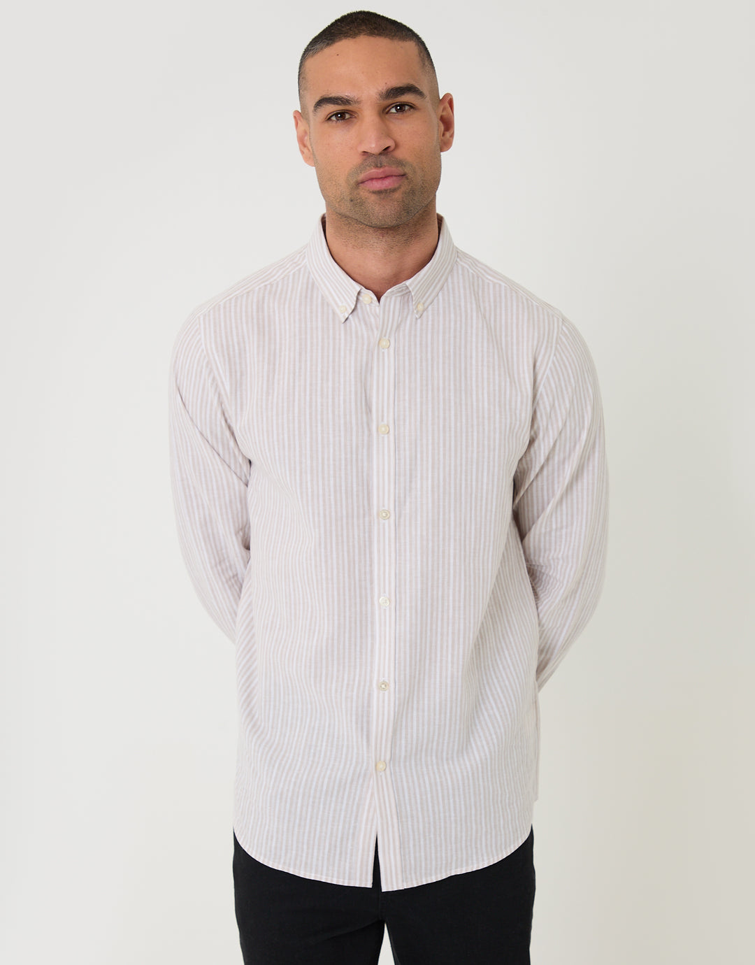 Stone Stripe Linen Cotton Blend Long Sleeve Shirt