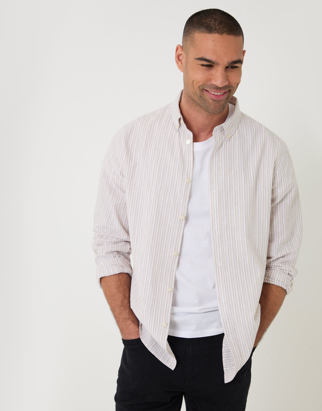 Stone Stripe Linen Cotton Blend Long Sleeve Shirt
