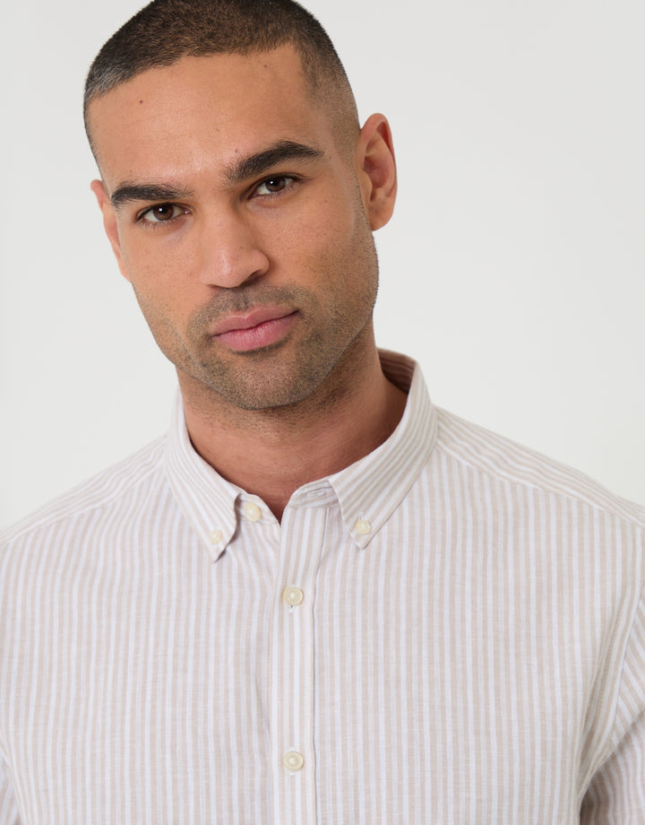 Stone Stripe Linen Cotton Blend Long Sleeve Shirt