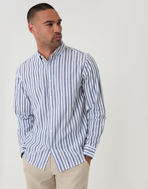 Threadbare Wide Stripe Linen Cotton Blend Long Sleeve Shirt in Blue - front view closed