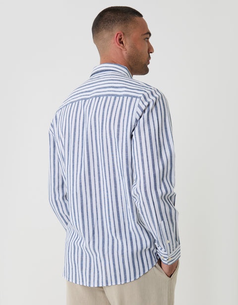 Threadbare Wide Stripe Linen Cotton Blend Long Sleeve Shirt in Blue - back view