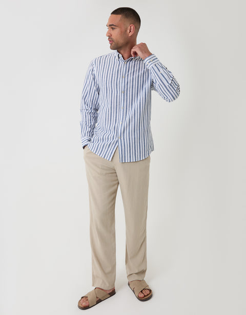 Threadbare Wide Stripe Linen Cotton Blend Long Sleeve Shirt in Blue - full outfit view