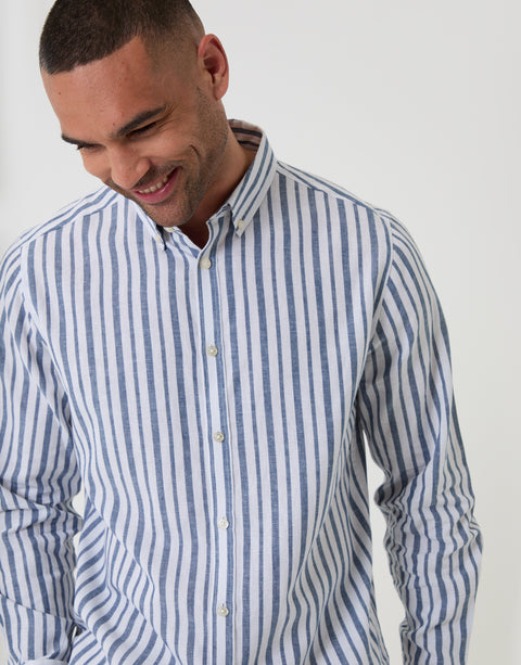 Threadbare Wide Stripe Linen Cotton Blend Long Sleeve Shirt in Blue - detail view