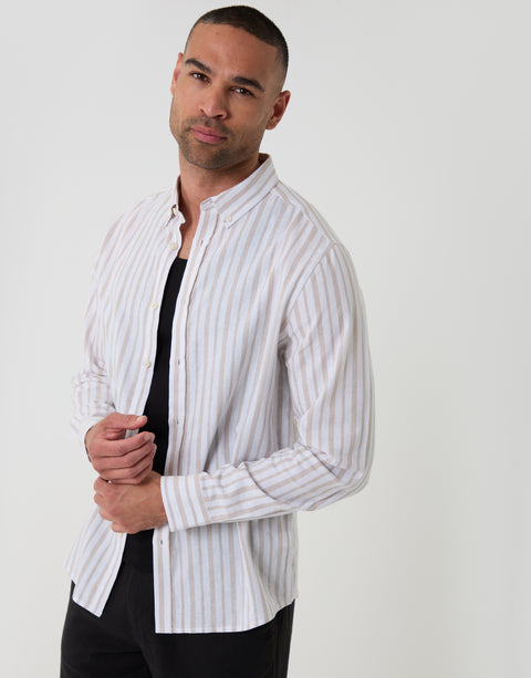 Threadbare Wide Stripe Linen Cotton Blend Long Sleeve Shirt in Stone - front view open