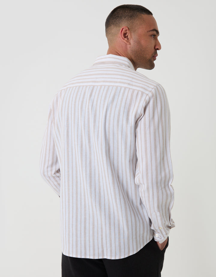 Threadbare Wide Stripe Linen Cotton Blend Long Sleeve Shirt in Stone - back view