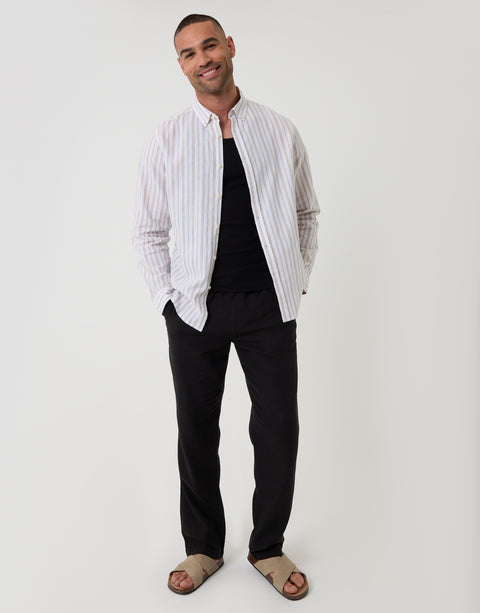 Threadbare Wide Stripe Linen Cotton Blend Long Sleeve Shirt in Stone - full outfit view open