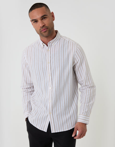 Threadbare Wide Stripe Linen Cotton Blend Long Sleeve Shirt in Stone - front view closed