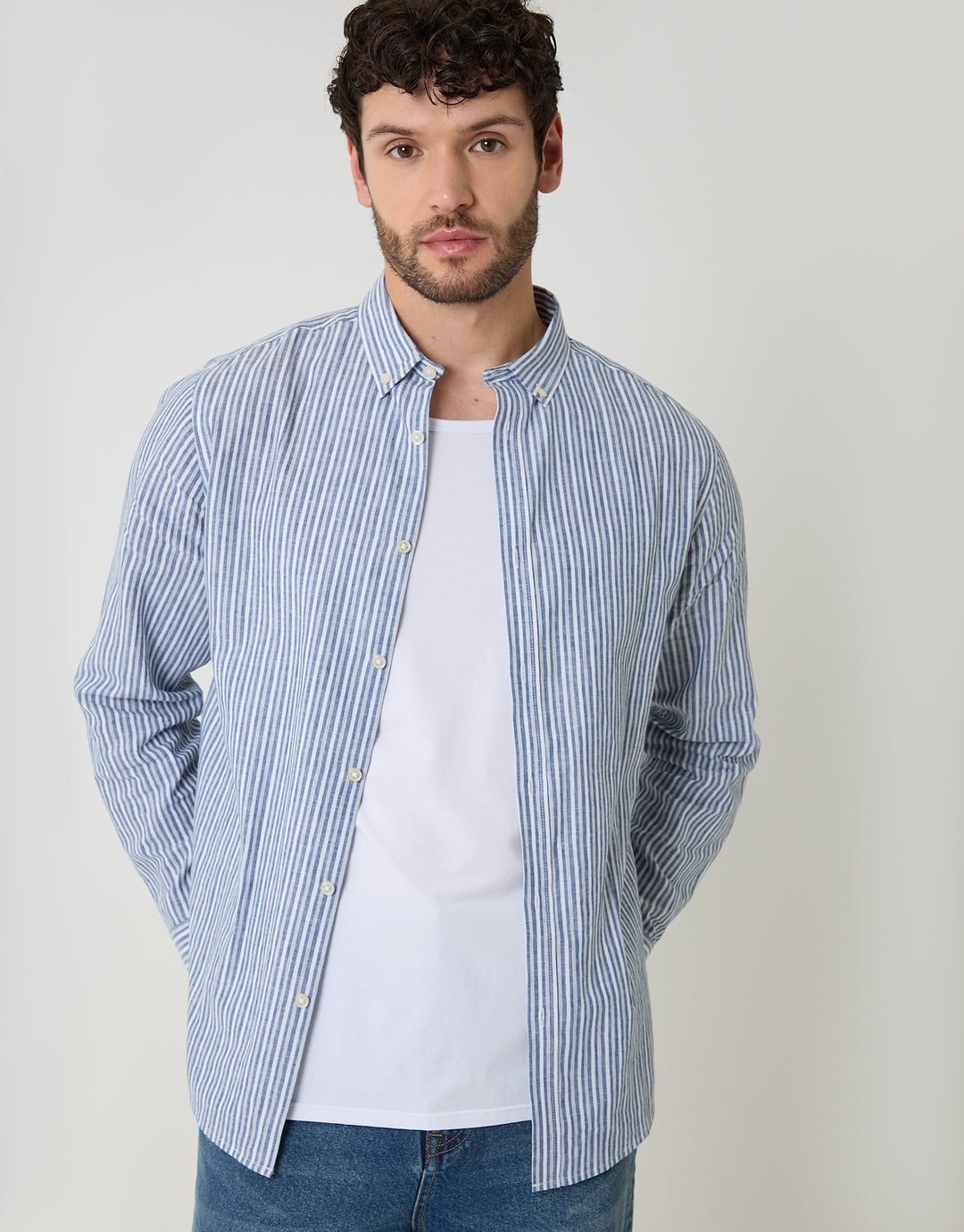 Blue Stripe Linen Cotton Blend Long Sleeve Shirt
