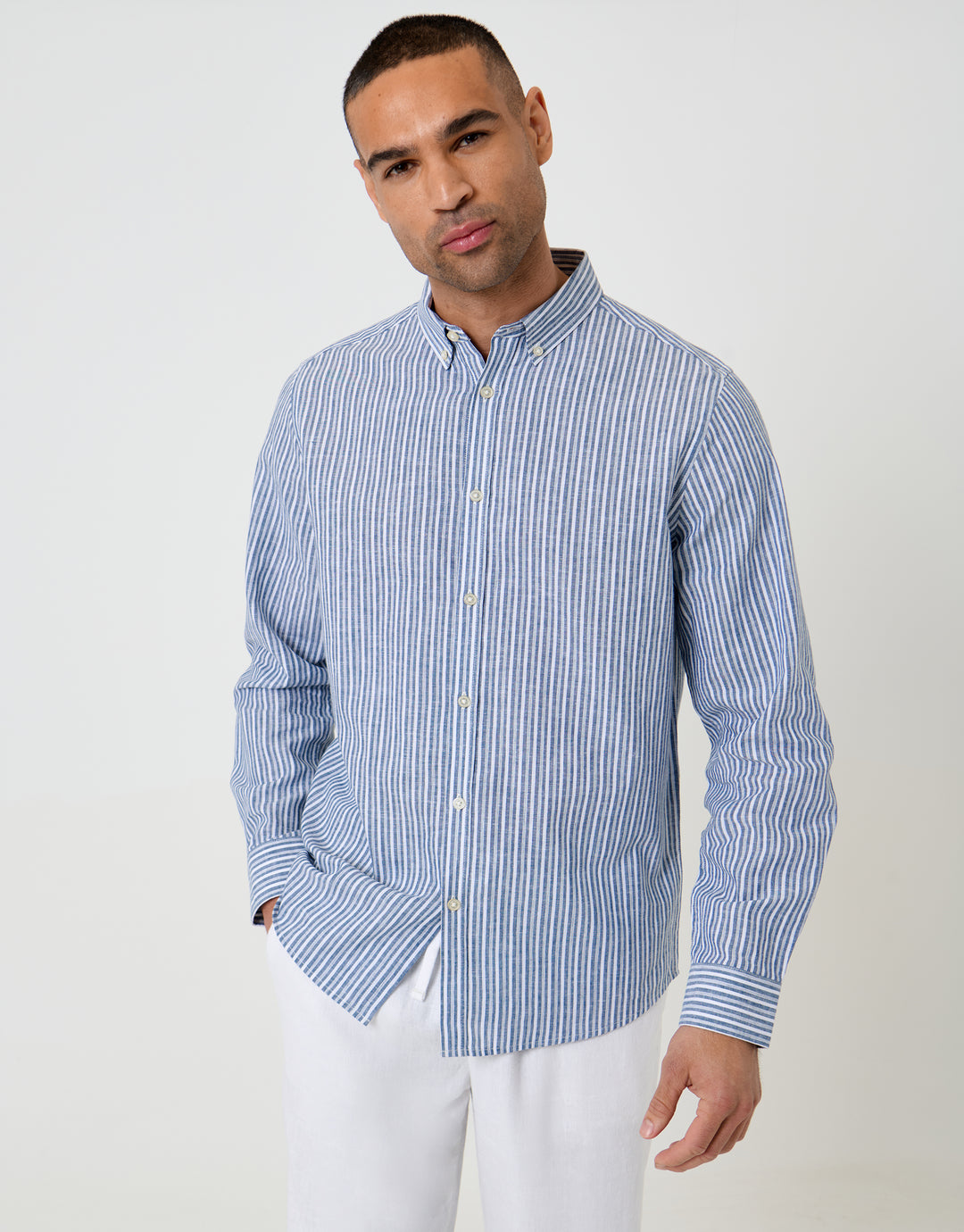 Blue Stripe Linen Cotton Blend Long Sleeve Shirt