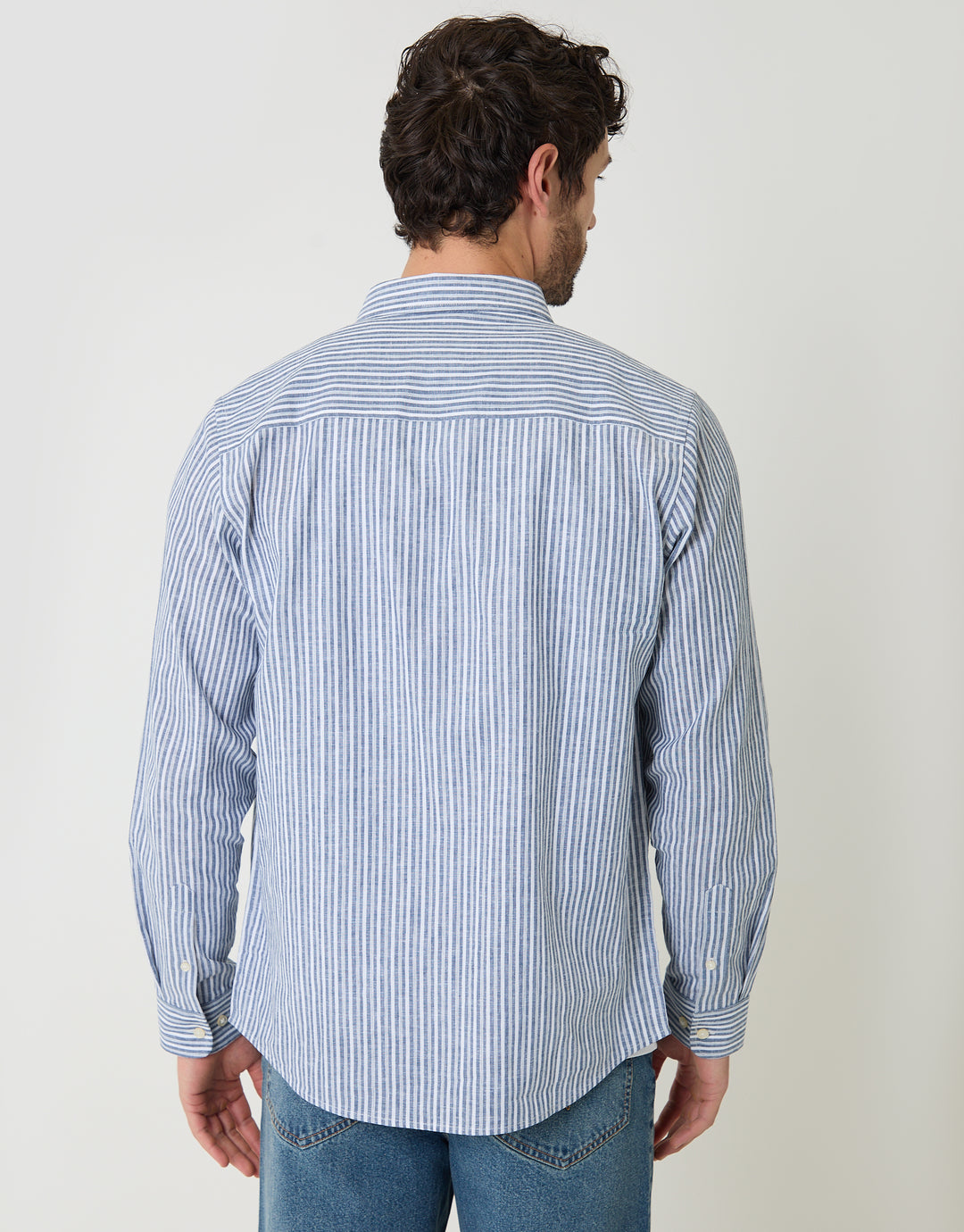 Blue Stripe Linen Cotton Blend Long Sleeve Shirt