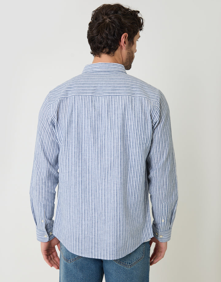 Blue Stripe Linen Cotton Blend Long Sleeve Shirt