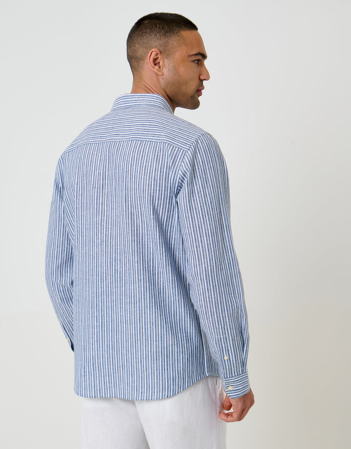 Blue Stripe Linen Cotton Blend Long Sleeve Shirt