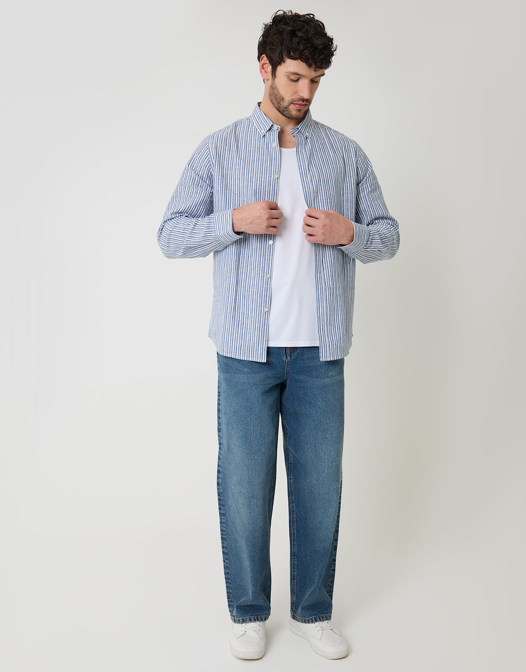 Blue Stripe Linen Cotton Blend Long Sleeve Shirt