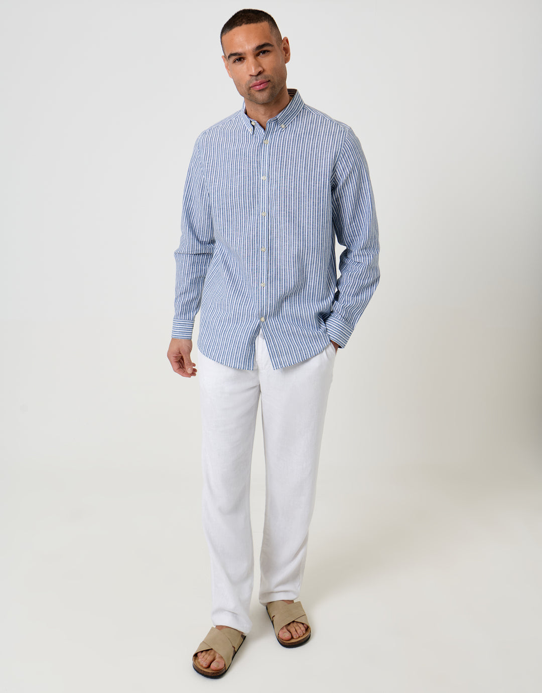 Blue Stripe Linen Cotton Blend Long Sleeve Shirt
