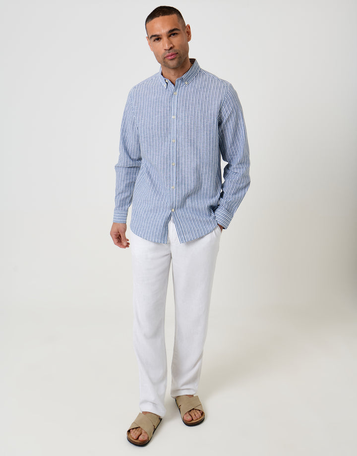 Blue Stripe Linen Cotton Blend Long Sleeve Shirt