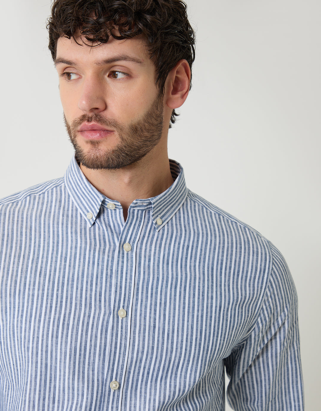 Blue Stripe Linen Cotton Blend Long Sleeve Shirt
