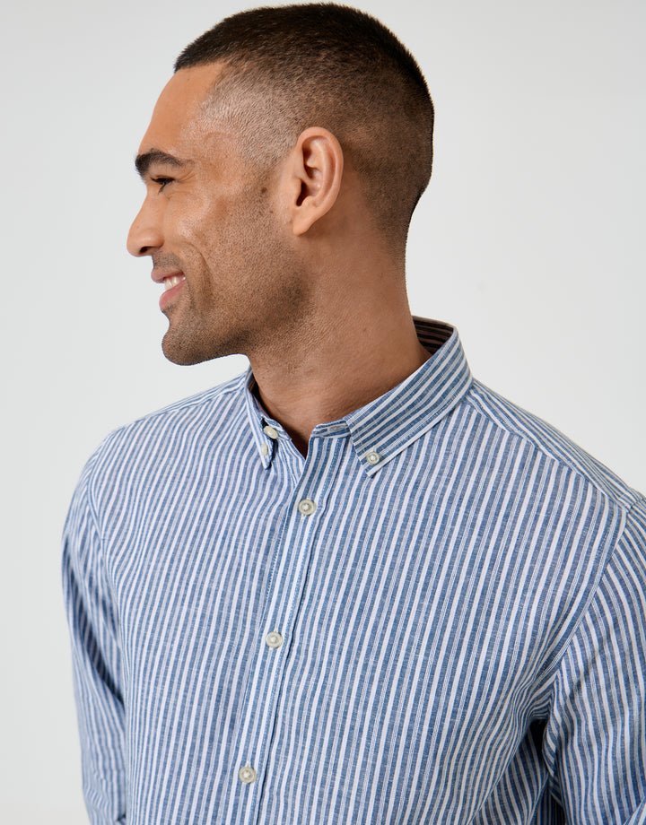 Blue Stripe Linen Cotton Blend Long Sleeve Shirt