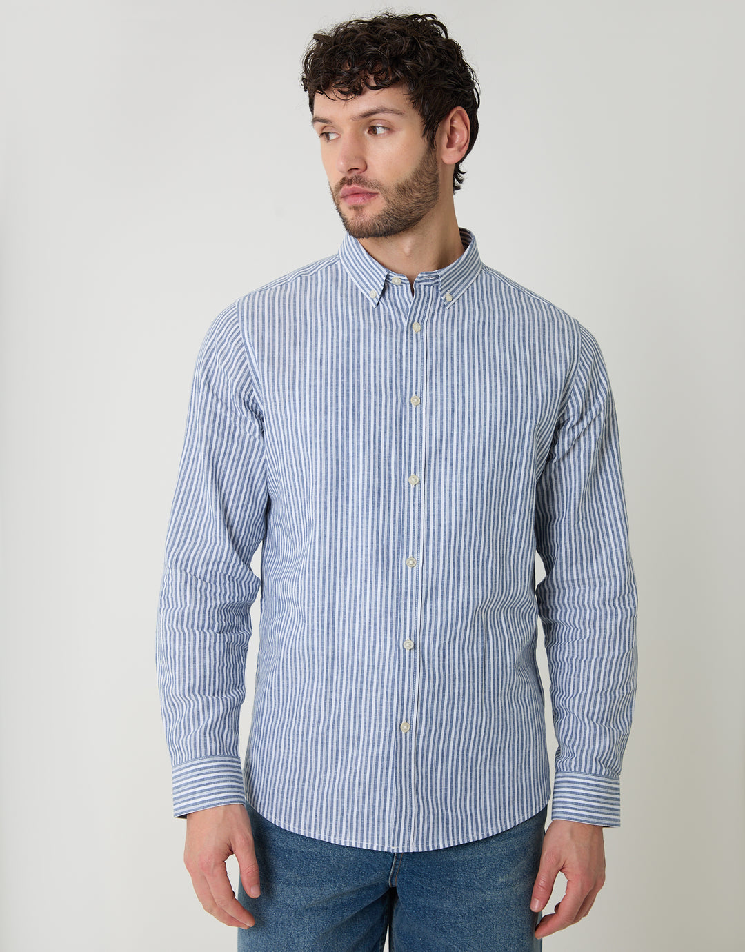 Blue Stripe Linen Cotton Blend Long Sleeve Shirt
