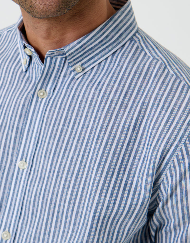 Blue Stripe Linen Cotton Blend Long Sleeve Shirt