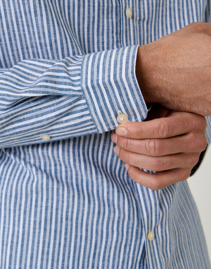 Blue Stripe Linen Cotton Blend Long Sleeve Shirt