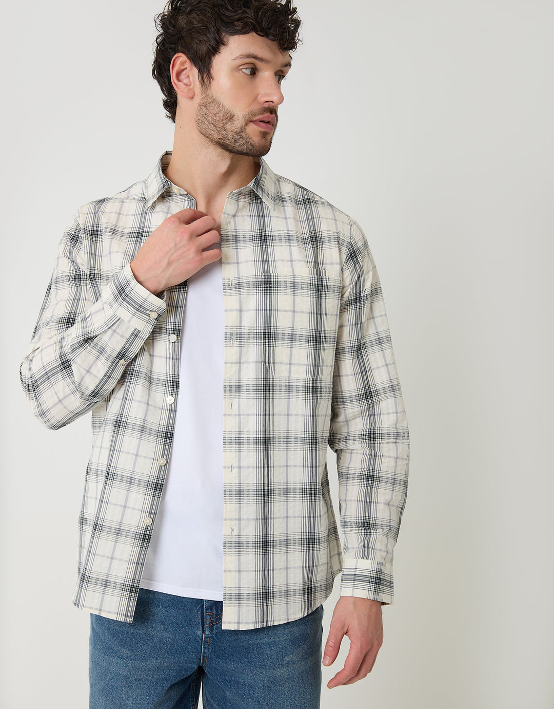 Threadbare Cotton Long Sleeve Shirt in Stone Check - front view