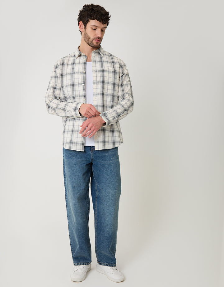 Threadbare Cotton Long Sleeve Shirt in Stone Check - full body